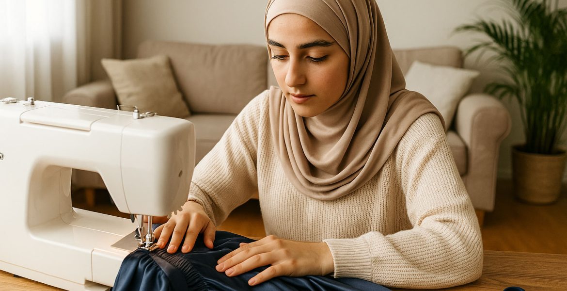 دختر در حال دوخت لباس